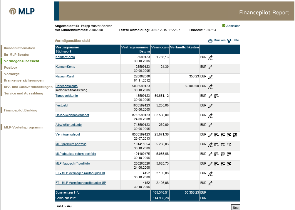 MLP Financepilot Report Vermögensübersicht Den kompletten Überblick über Ihr Vermögen gibt Ihnen die "Vermögensübersicht".