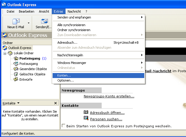 03. Öffnen der Registerkarte Konten Klicken Sie im Fenster von Outlook Express mit der linken Maustaste den Menüpunkt Extras an.