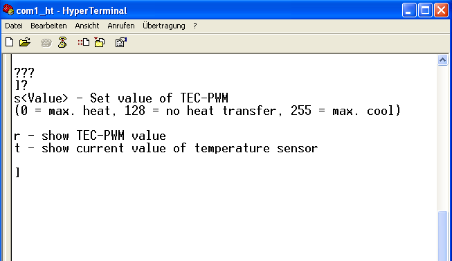 S7 Abbildung 7: Schnittstelleneinstellungen der HKE Sie müssten nun das Kommunikationsfenster von HyperTerminal (s. nä. Abb.). Dieses zeigt sämtliche Daten an, die der PC über COM1 empfängt.