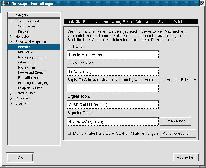 Abbildung 8.1: Identität und Benutzereinstellungen 8Konfiguration externer Mailprogramme Servers ein, und wählen Sie im Feld Server-Typ den Eintrag IMAP aus.