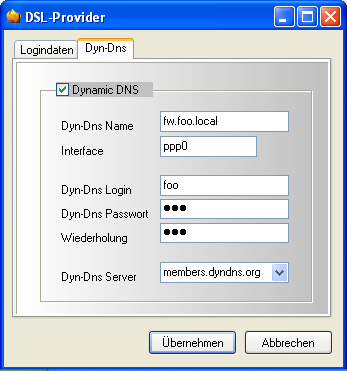 2.2 Dyn-DNS konfigurieren Unter der Registerkarte Dyn-Dns kann ein dynamischer DNS-Dienst konfiguriert werden. Falls später ein externer Zugriff auf die Appliance oder das interne Netz (z. B.