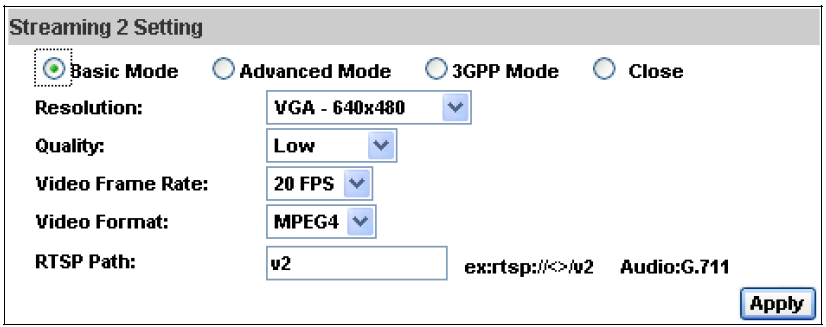 Auflösung: Bitrate: SXGA 1280X1024 - VGA 640X480 - QVGA 320X240 - QQVGA 160X120 CBR (konstante Bitrate): 32 kbps 4 MBps oder VBR (variable Bitrate): 1 (niedrig) ~ 10 (hoch) Videomenge: Regelung für