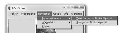 Pour introduire les espaces aériens dans votre SYS Nav : 1) Cliquez sur Navigation puis sur Zones Aériennes et enfin cliquez sur Télécharger un fichier OpenAir (si vous n avez votre déjà votre
