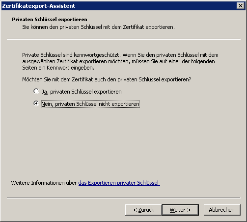 Installieren der hinzugefügten Tools 4 6 Wählen Sie im Dialogfeld "Zertifikat" die Registerkarte [Details] aus und klicken Sie auf die Schaltfläche [In Datei kopieren...]. Der Zertifikatexport-Assistent wird gestartet.