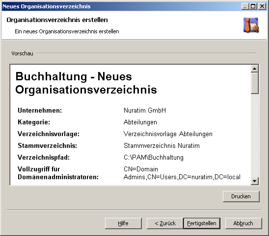 Abbildung 11: Neues Organisationsverzeichnis erstellen: Vorschau Im Vorschaufenster erhalten Sie einen Überblick über alle Aktionen, die das Programm für Sie durchführen wird, wenn das neue