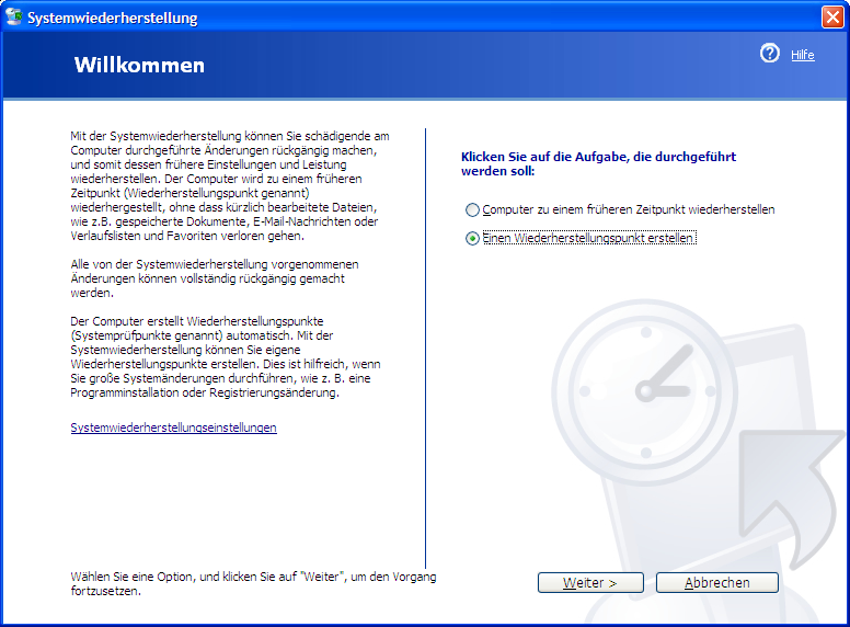 Windows XP Systemwiederherstellungspunkt erstellen (3) Einen