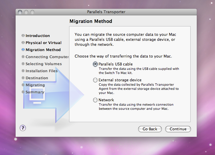 4. Das Fenster Migrationsmethode wird angezeigt. Wählen Sie Parallels USB-Kabel und klicken Sie in Fortfahren. 5. Das Fenster Quellcomputer mit dem Mac verbinden wird eingeblendet.