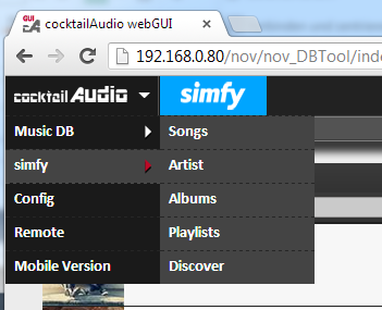 Anleitung zur Nutzung von Simfy über das WebUI Der SimfyOnlinemusikdienst wird im CocktailAudio Webinterface automatisch angezeigt, sobald gültige Zugangsdaten im Setup des Gerätes hinterlegt wurden.