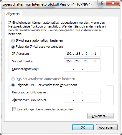 IP-Adresse: 192.168.0.1 Subnetzmaske: 255.255.255.0 Nachdem Sie ihren Rechner dementsprechend konfiguriert haben können Sie nun mit der Konfiguration der DAKO-TachoStation IP fortfahren.