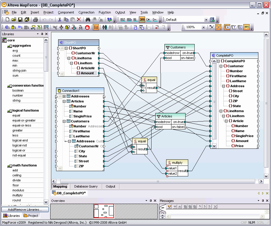 3 Untersuchte Systeme Abbildung 3.1: Benutzungsoberfläche von Altova MapForce. Die zugrundeliegende Idee ist den Prozess der Datenintegration als Workflow zu modellieren.