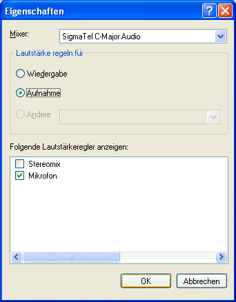 Es erscheint dieses oder ein ähnliches Fenster (je nach Soundkarte, Betriebssystem und Konfiguration). Überprüfen Sie, ob die entsprechenden Audiosignale zur Wiedergabe freigeben sind.