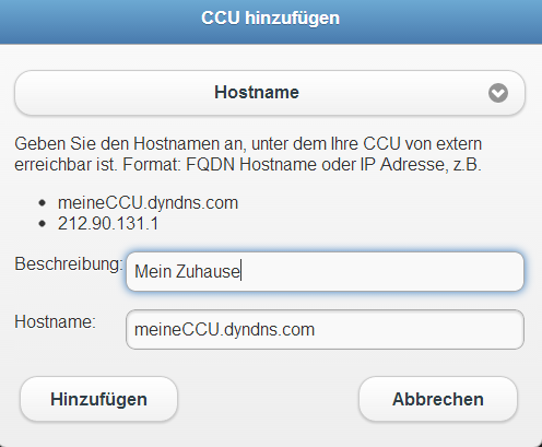 meine-homematic.de Hier tragen Sie einen Beschreibungstext für die Anzeige sowie Ihre CCU ID, Nutzername und Passwort von meine-homematic.de ein.