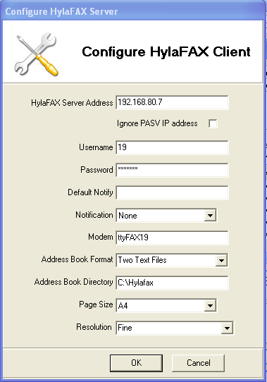 Vorher Beispiel Bezeichnung Funktion HylaFAX Server Adresse IP Adresse der telpho10 Username 19 Passwort Faxuser Default Notify Notification None Modem ttyfax19 Adress Book Format Two Text Files
