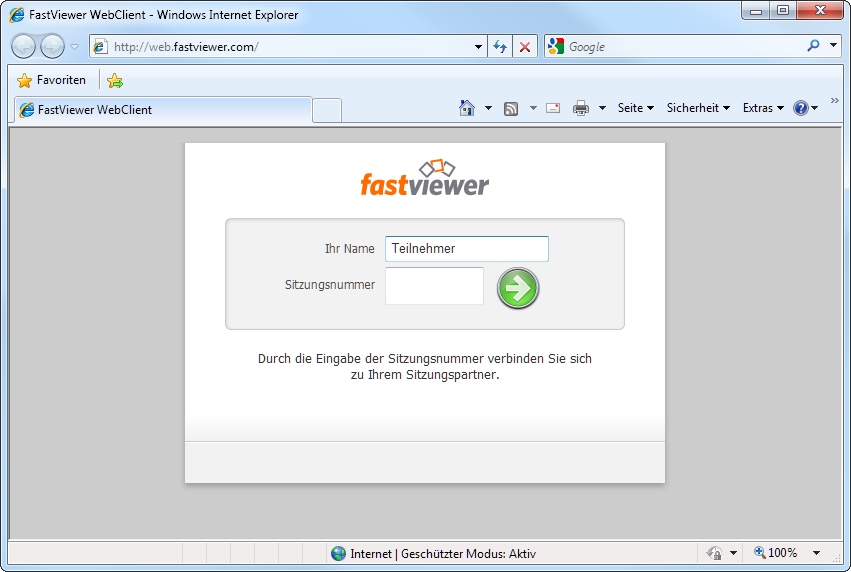 Der FastViewer WebClient Der Teilnehmer erreicht den FastViewer WebClient über die Eingabe von web.fastviewer.com in seinem Web-Browser, dieser kann AUSSCHLIESSLICH als Betrachter verwendet werden, d.