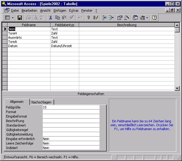 Access-Tabelle für Spiele: Entwurfsansicht Access-Tabelle