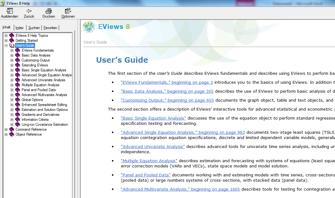 Das Hilfesystem von EViews Menu Help Folie 5 EViews Help Topics... READ ME Quick Help Reference Users Guide I und II (pdf) Command &.