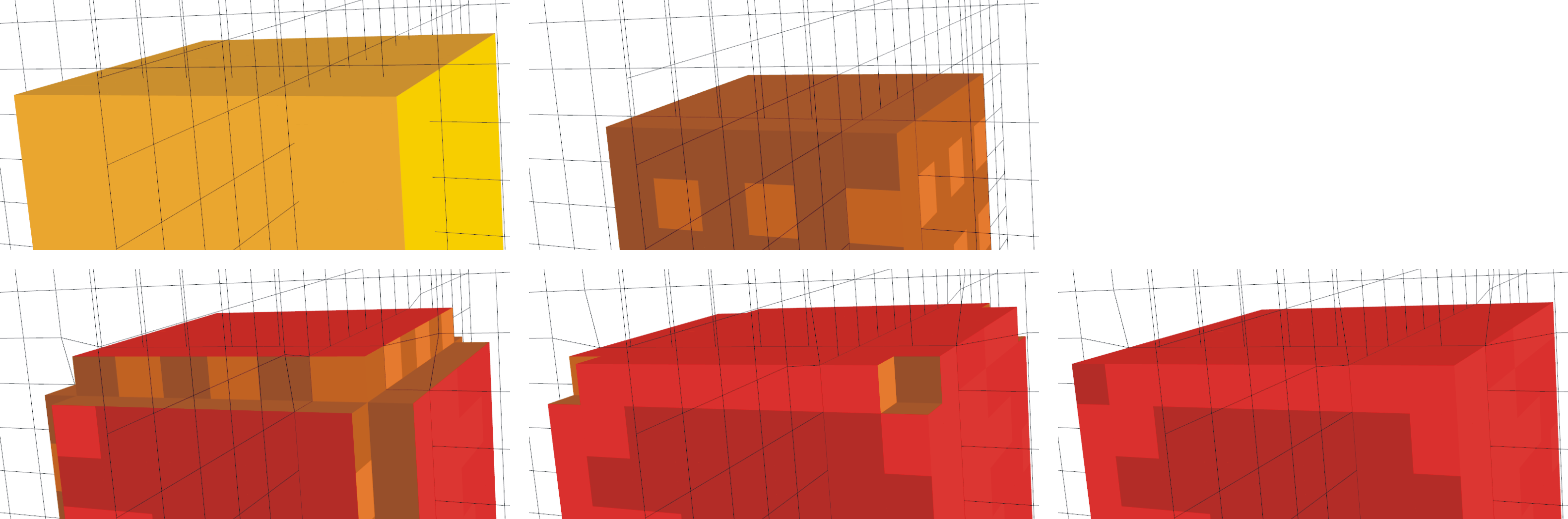 74 7. Resultate Abbildung 7.14: Validierung der Projektionstechniken am Beispiel des Würfels und einem regulär unterteilten Gitter.