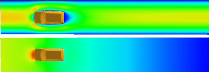 86 7. Resultate Abbildung 7.23: Strömungssimulation für das Golfmodell im Benchmarkkanal. Darstellung des Geschwindigkeits- und des Druckfeldes von oben. 7.6.2 INGRID3DDEFORM Nachfolgend werden Vor- und Nachteile der erstellte Software INGRID3DDEFORM zur Gittergenerierung aufgezeigt.