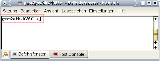 Abbildung 2: Konsole mit Prompt in einem Fenster unter KDE. Hinter diesem Prompt können Befehle eingegeben werden. Der Prompt kann je nach Konfiguration unterschiedlich aussehen.