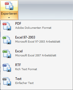 8.2.2 In eine Datei drucken Auswahl des Formats zum Export von Berichten Alle Berichte können in diese Dateiformate gedruckt werden: PDF Excel RTF (Rich Text Format): Zum Import in Word oder andere