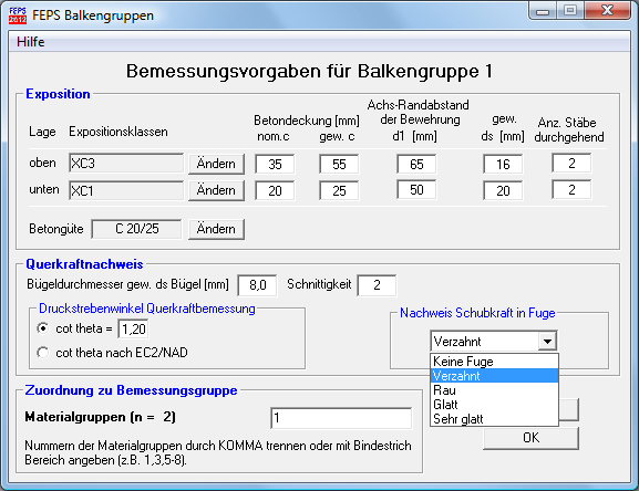 2.17.3 Eingaben für die Balkenbemessung Angaben für alle Bemessungsgruppen: Stahlgüte der Biegebewehrung Stahlgüte der Querkraftbewehrung Wahl einer vereinfachten, bereichsweisen oder detaillierten