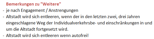 F) Prognose Mehrzahl der Befragten ist der Meinung, dass die Altstadt in 5 bis 10 Jahren eine ähnliche Struktur aufweist wie heute Dennoch werden «mehr Gastronomie», «mehr Einkaufsläden», «mehr