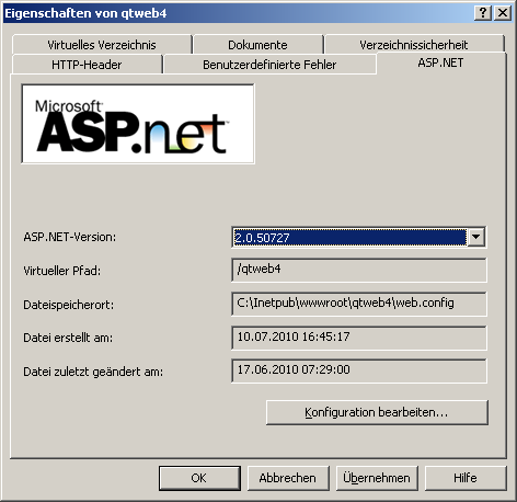 Installation von quickterm Web Konfiguration der Webanwendung 4 Zuweisung ASP.NET Version 2 d) Klicken Sie in den Eigenschaften auf Dokumente und legen Sie default.aspx als Startseite fest.