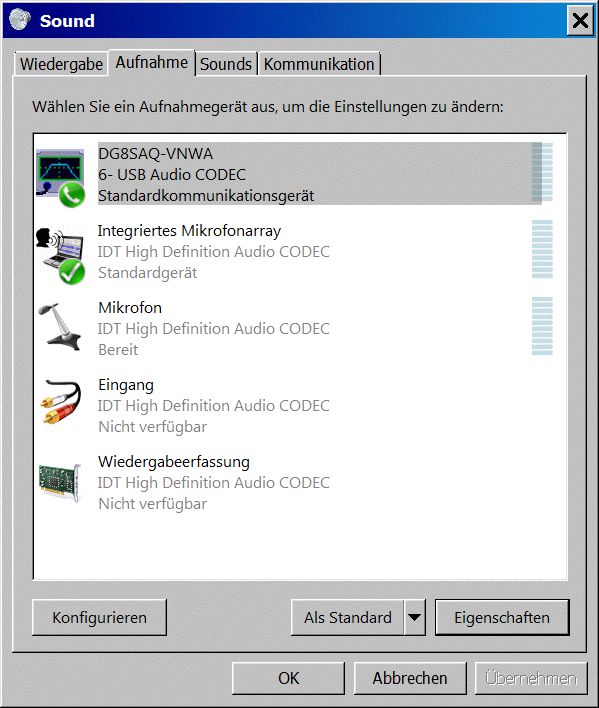 Zukünftig werden Sie das VNWA USB-Codec mit seinem neuen Namen in der VNWA Audioeinstellung sehen: Anmerkung : Der neue Name und das Piktogramm werden mit dem VNW USB-Codec