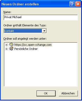 Erstellen öffentlicher Ordner Die Ordner-Typen "Notiz" und "Journal" werden von Open-Xchange Server dagegen nicht unterstützt. Abbildung 7.6. Erstellen eines privaten Ordners 7.3.2.