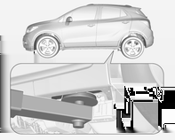 194 Fahrzeugwartung 3. Sicherstellen, dass der Wagenheber richtig unter dem entsprechenden Ansatzpunkt ausgerichtet ist. Je nach Ausrüstung, zuerst die Abdeckungen von den Ansatzpunkten entfernen. 4.