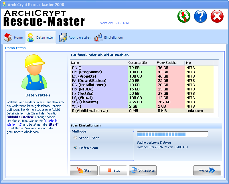 Bedienung 9 Daten Retten ArchiCrypt Rescue-Master listet alle Laufwerke mit zusätzlichen Informationen auf, die zum Zeitpunkt des Programmstarts auf Ihrem System verfügbar waren.
