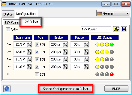 Beispiel: Änderung des Profils in eine aggressivere Variante Da wir das 6 Volt Profil nicht benötigen, laden wir zunächst das 12V-Profil hier hinein: 1. 6V Pulser anwählen 2.