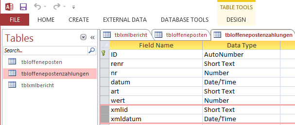 Abbildung 4-4: Tabellenerweiterung in Microsoft Access Auch hier sieht man wieder, dass die Datentypen unterschiedlich sind und dass es in Access keinen spezifischen Datentyp timestamp gibt wie in