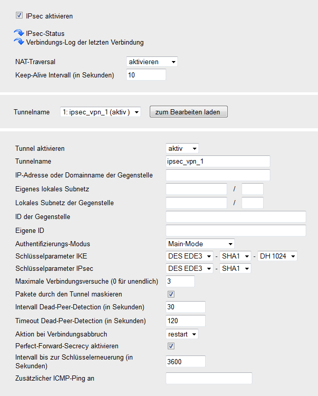 Konfiguration 6. Konfigurieren Sie ggf. die weiteren IPsec-Parameter gemäß den Anforderungen Ihrer Verbindung bzw. der Konfiguration des Scalance S. 7.