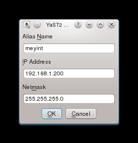 Es erscheint nun ein kleineres Fenster, indem Sie die Daten der virtuellen Netzwerkkarte eingeben! Der Name ( Alias Name ) ist relativ egal, wichtig sind die beiden folgenden Felder!