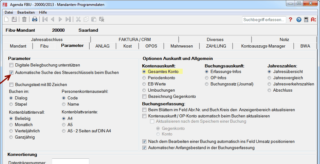 Seite 3 2. Voraussetzung Option <Automatische Suche des Steuerschlüssels beim Buchen> aktivieren Aktivierung»Stammdaten Mandanten-Programmdaten Register: Parameter«.