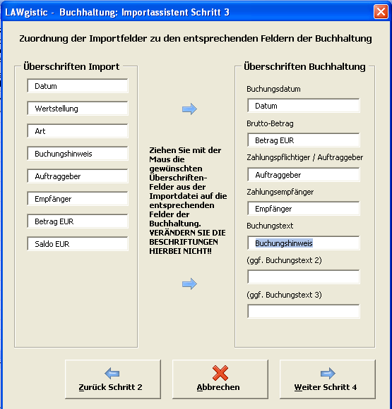 6. Im nächsten Schritt werden die Überschriften der Importdatei den Überschriften der Buchhaltung zugeordnet.