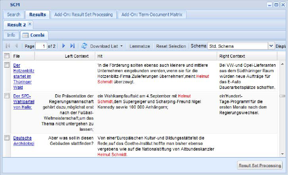 Der ehumanities Desktop als Werkzeug in der historischen Semantik Abbildung 7: Ein Screenshot des HSCM mit den Ergebnissen einer Suchanfrage nach Helmut Schmidt im Korpus von Artikeln der