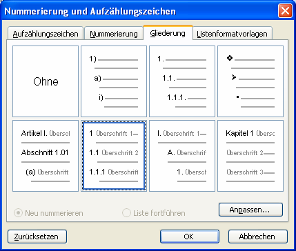 PC. Format Nummerierung und Aufzählungszeichen Register Gliederung Format wählen (zweite Reihe mit