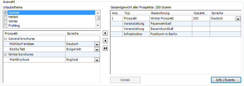 4 Infoanfrage Dieses Menü wird verwendet, wenn zusätzlich zu der Transaktion im Warenkorb (Anfrage, Buchung, ) Prospekte, Infothemen und/oder Veranstaltungen mit versendet werden sollen.