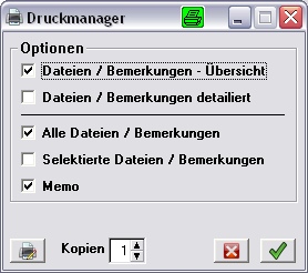 Ordner aktualisieren Dabei wird die Ordner Struktur im Manager intern neu reorganisiert Drucken 1. Button Drucken drücken oder unter Menü Datei Drucken auswählen. 2. Optionen auswählen 3.