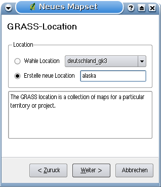 9.3 Information zur GRASS-Datenbank Abbildung 29: Eine GRASS Location erstellen 15. Klicken Sie auf Weiter 16. Wir müssen nun noch eine Mapset für die Location definieren.