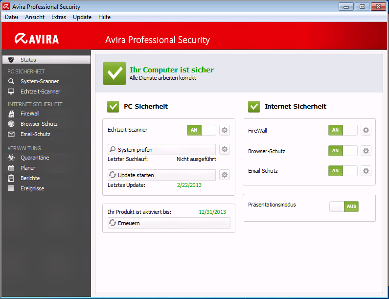 Überblick über Avira Professional Security Das Fenster des Control Centers gliedert sich in drei Bereiche: Die Menüleiste, der Navigationsbereich und das Detailfenster Status: Menüleiste: In den