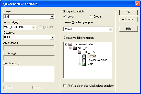 PC WorX 5 Falls Sie eine Variable, die Sie später als VAR_EXTERNAL verwenden wollen, zuerst als VAR angelegt haben, beachten Sie zum Ändern folgende Vorgehensweise: Wählen Sie im Auswahlfeld