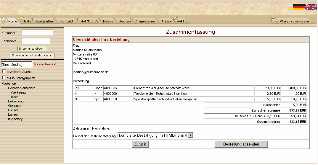 Bestellvorgang Im ersten Schritt werden die Adressdaten eingegeben.