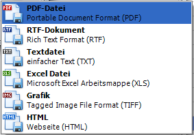 Exportfunktionen pebefinance bietet die Möglichkeit, sämtliche Druckausgaben als PDF, Excel, RTF, TXT, HTML oder TIF Datei zu exportieren.