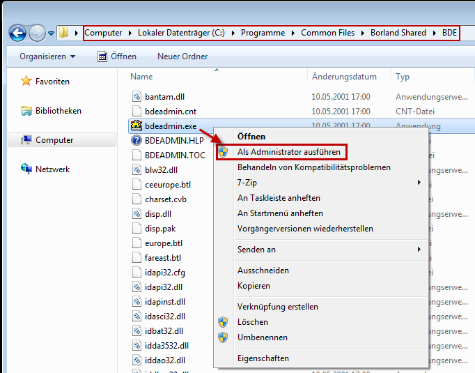 Beispiel unter Windows 7 (32 Bit) Dort befindet sich eine Datei namens bdeadmin.exe. Diese muss nun als Administrator ausgeführt werden. Unter Windows 7 muss dies explizit geschehen.