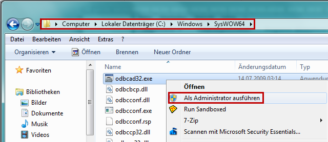 Beispiel unter Windows 7 (64-Bit) Dort befindet sich die Datei odbcad32.exe Führen sie diese Datei explizit als Administrator aus. Odbcad32.