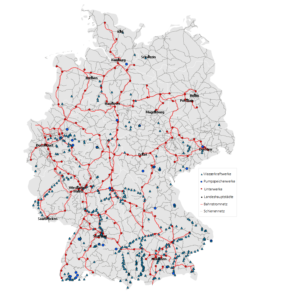 Basis für die detaillierte Potenzialbestimmung der 16,7-Hz-Anbindung von EE- Anlagen bilden umfangreiche GIS-Daten für das Infrastrukturumfeld der DB (Unterwerke, Schienen- und Bahnstromnetz), zu