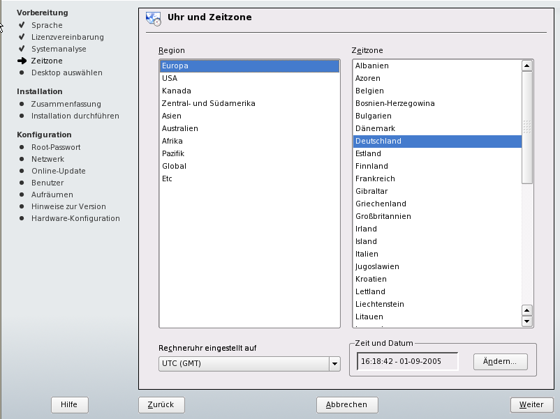 Abbildung 1.1 Auswählen der Zeitzone 1.7 Desktop auswählen In SUSE Linux können Sie zwischen unterschiedlichen Desktops wählen.